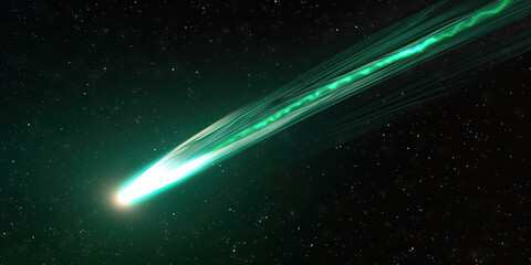 A comet streaks across the blackness of space, its tail leaving a bright green trail. 