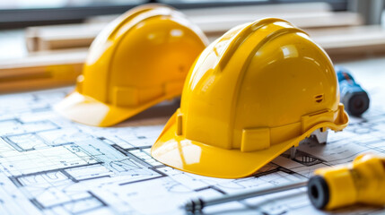 Two yellow hard hats are on top of a blueprint