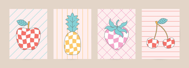 Retro checkered patterned fruit cards. Abstract strawberry, cherry, apple, pineapple vector illustrations