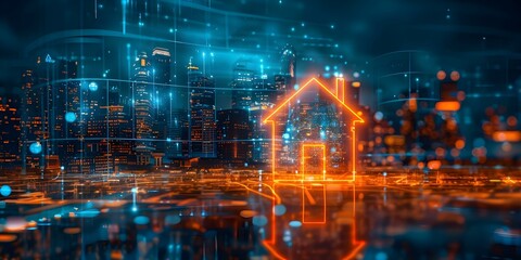 Advancements in Smart Home Technology: Urban Skyline Hologram with Blue Background. Concept Smart Home Technology, Urban Skyline Hologram, Blue Background, Advancements