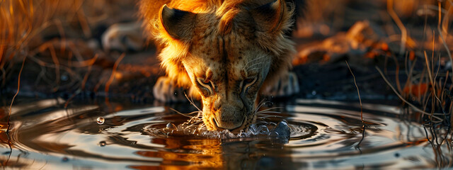 lion drinking water in the African savannah