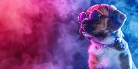 Adorable Puppy Wearing Sunglasses on Vibrant Background Enhanced by AI Technology. Concept Pet Photography, Fashion Accessories, Vibrant Backgrounds, AI Technology