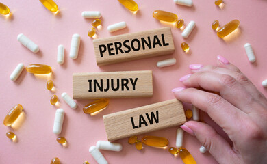 Personal Injury Law symbol. Concept words Personal Injury Law on wooden blocks. Beautiful pink...