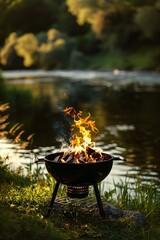 black grill with fire isolated on lake background, camping weekends in nature, summer leisure time, relax and eat