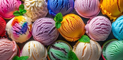 Colorful ice cream balls background, top view of many different colored ice creams with mint leaves, top down view, pattern for design, wallpaper, poster, advertising banner, icecream shop
