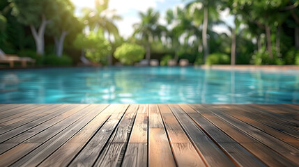 Empty wooden deck with swimming pool