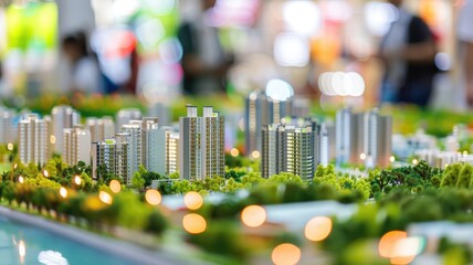 Model city showcasing green tech and focusing on model city and posters, bright fair lighting, at an exhibition fair