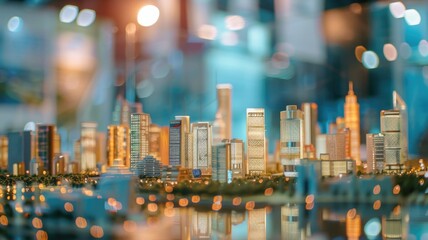 Model city showcasing green tech and focusing on model city and posters, bright fair lighting, at an exhibition fair