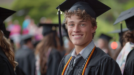 Young male graduate smiling proudly in cap and gown at graduation ceremony, surrounded by peers.