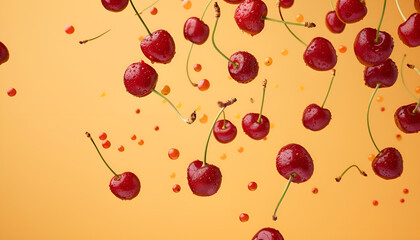 Fresh cherries falling on pale orange background