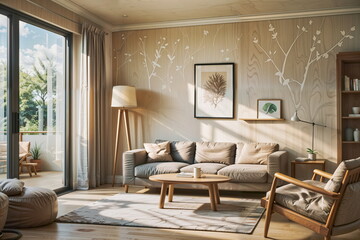 Scandinavian Living Room with Natural Light and Botanical Wall Art