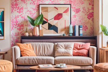 Modern Cozy Living Room with Floral Wallpaper and Geometric Art