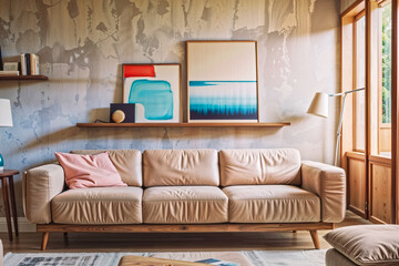 Modern Living Room with Beige Sofa and Abstract Art