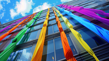 Rainbow streamers flowing from the windows of a high-rise building in celebration of gay pride