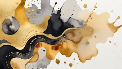 black and gold watercolor illustration ,soft abstract shapes with bleeding colors