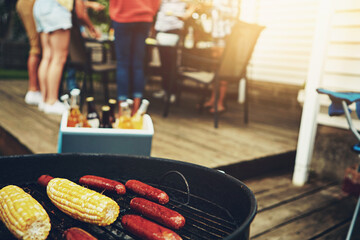 Food, barbecue and outside on weekend with grill for corn, sausage and cooking on porch or...