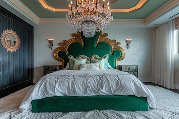 Stunning art deco bedroom design featuring a frontal view of a copper ornate chandelier, a jade...