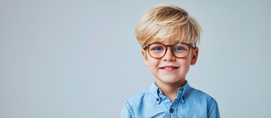 cute blond boy with a blue shirt wearing glasses against gray background