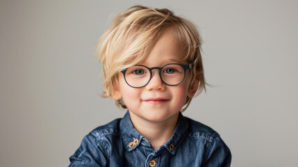 cute blond boy with a blue shirt wearing glasses against gray background