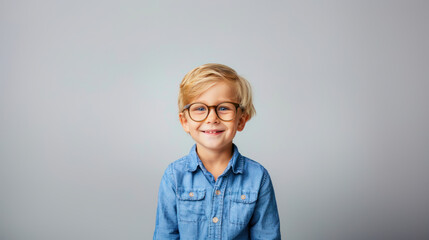 cute blond boy with a blue shirt wearing glasses against gray background, copyspace