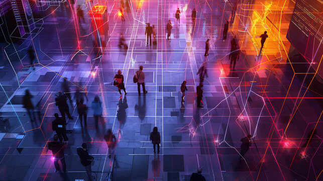People walking corridor of office building, futuristic data centre, Digital technology background