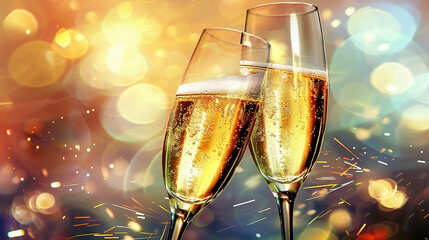 two glasses of champagne with fireworks, celebrate, bubbles, toast, bubbly, celebration, 