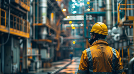 A male industrial worker in a yellow helmet inspects complex machinery in a large factory setting.