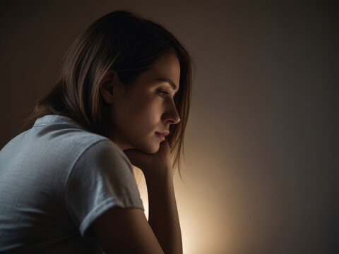 Woman feeling stressed in a dark room.