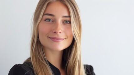 Naklejka premium Portrait of a young woman in a black blouse smiling confidently at the camera with a clean background