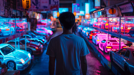 A man plays with his toy neon car. He was looking at his dream car.