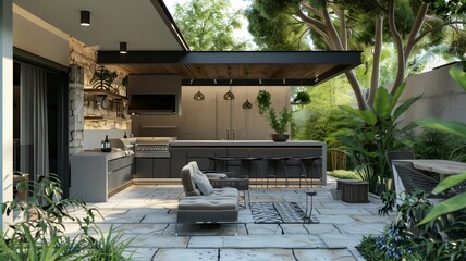 A luxurious outdoor kitchen with a built-in grill, a bar area, and comfortable seating 