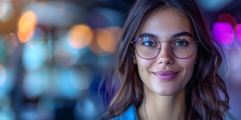 Portrait of a cheerful woman in an office environment wearing glasses and gazing at blank space. Concept Office Portraits, Female Professional, Eyeglasses, Cheerful Expression, Blank Space Gesture