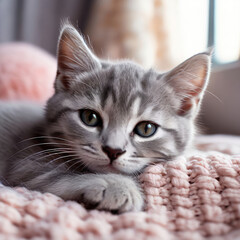 Naklejka premium Funny domestic cat on a soft blanket. Lovely pet in cozy room.