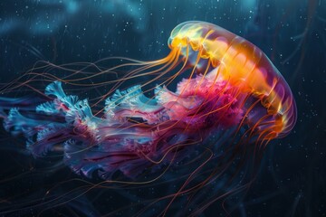 Vibrant jellyfish swimming gracefully underwater showcasing its stunning color and delicate tentacles in deep blue ocean.
