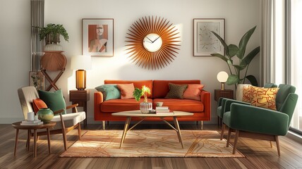 A mid-century modern and luxury living room with iconic furniture pieces, bold colors, and a sunburst clock 