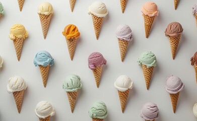 Ice cream cones with different colors and flavors on a white background, in a flat lay top view. 