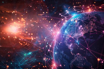 A brightly colored image of a planet with connections and stars, communication network
