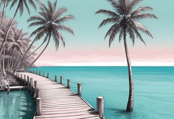 Fototapeta premium Sunny tropical Caribbean beach with palm trees, Turquoise Water, hot summer day, Summer Background, Sandy tropical beach with island on background 