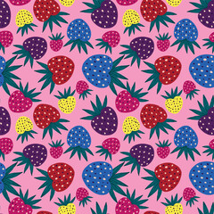 A colorful pattern of strawberries with green leaves. The strawberries are in various colors and sizes, and they are scattered throughout the image. Scene is cheerful and playful, as the bright colors