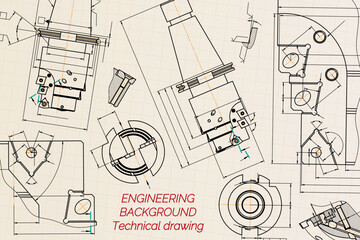 Mechanical engineering drawings on sepia background. Tap tools, borer. Technical Design. Cover. Blueprint. Vector illustration.