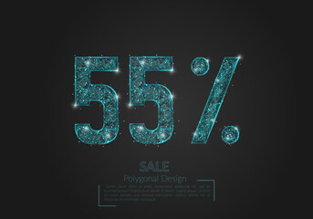 Abstract isolated blue 55 percent sale concept. Polygonal illustration looks like stars in the blask night sky in spase or flying glass shards. Digital design for website, web, internet.