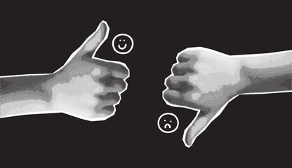 hand shows like and dislike gesture, on a black background, cheerful and sad smiley, collage trendy pop art magazine halftone style