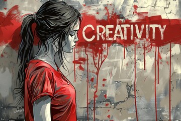 Girl and graffiti on the wall, "CREATIVITY".
Concept: inspiration and creativity, street art, self-expression, youth culture, creative motivation. Creative crisis