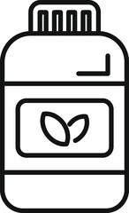 Minimalist black and white line art icon of a vitamin bottle with leaf symbol for organic health supplements and holistic wellness