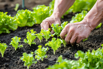 Farmer's hand planting young lettuce seedlings in vegetable garden