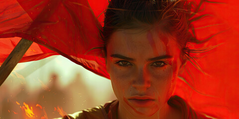 Vibrant Red Revolution: Unleashing Potential - A woman holds a vivid red flag, her eyes burning with determination as she marches forward