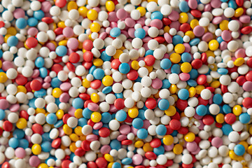 Medication concept. Close up indoor shot of huge variety of vitamins. Text space