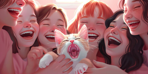 Laughter and Whimsical Pink - Delightful Maidens Frolic with a Furtive Feline Companion, Their Melodic Mirth Wafting in a Symphony of Mirth