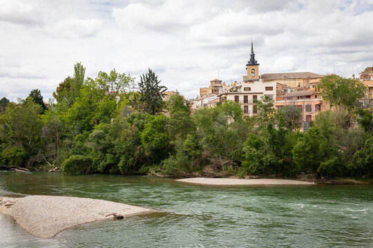 the Arga river with a view of Peralta (Azkoien) city, merindad of Olite, province of Navarra, Spain