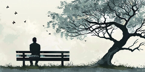 Ash Grey - A man, lost in thought, admires a picture of an ash tree, its branches gracefully reaching towards the heavens.